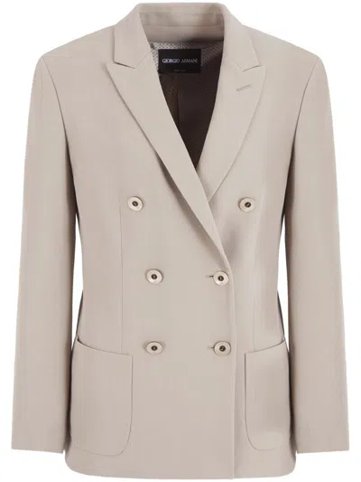 Giorgio Armani Washed Silk Double-breasted Blazer Jacket In Beige