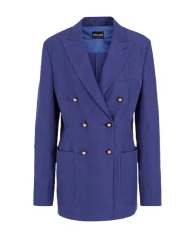 Giorgio Armani Double-breasted Linen Suit Jacket In Blue