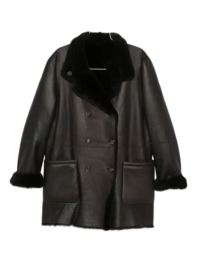 Giorgio Armani Double-breasted Shearling Coat In Black