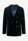 Giorgio Armani Velvet Blazer With Button Detailing And Wide Lapel In Blue