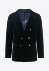 Giorgio Armani Velvet Blazer With Button Detailing And Wide Lapel In Blue