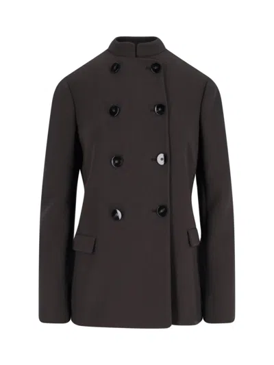 GIORGIO ARMANI DOUBLE-BREASTED VIRGIN WOOL BLAZER, BROWN, CREW NECK
