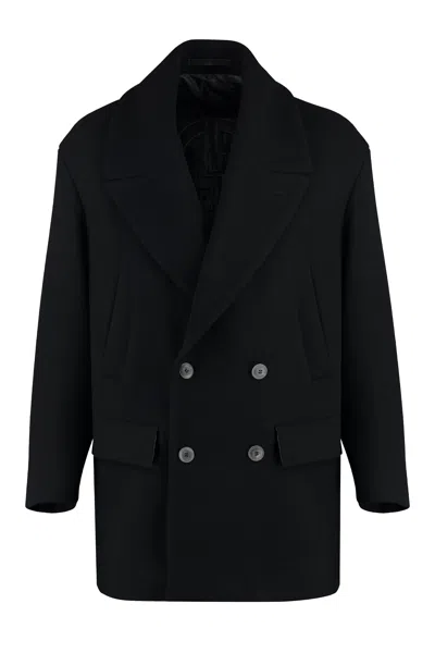 Giorgio Armani Official Store Double-breasted Pea Coat In Virgin-wool Cloth In Black