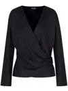 Giorgio Armani Silk Satin Draped V-neckline Waist Long Sleeves In Black