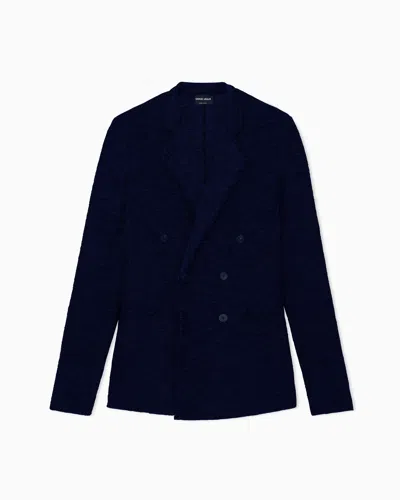 Giorgio Armani Double-breasted Viscose Knit Jacket In Blue
