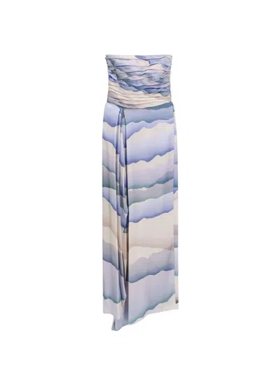 Giorgio Armani Printed Strapless Ruched Silk Dress In Lt Purple
