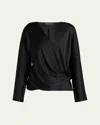 Giorgio Armani Draped Long-sleeve Silk Blouse In Solid Black