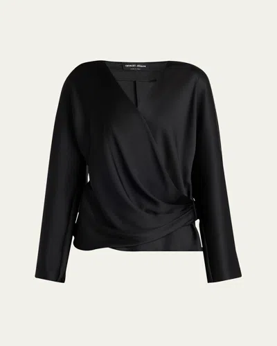 Giorgio Armani Draped Long-sleeve Silk Blouse In Solid Black