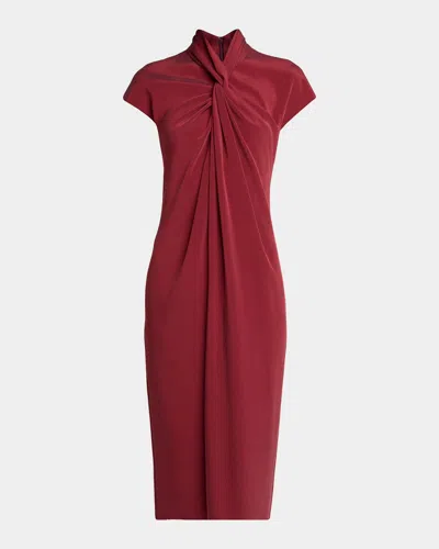 Giorgio Armani Draped Twisted-collar Short-sleeve Midi Dress In Solid Ligh