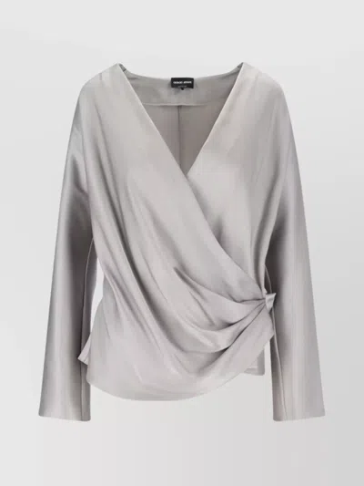 Giorgio Armani Draped V Neck Button Detail Top In Gray