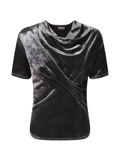 Giorgio Armani Draped Velvet Short-sleeve Top In Blue