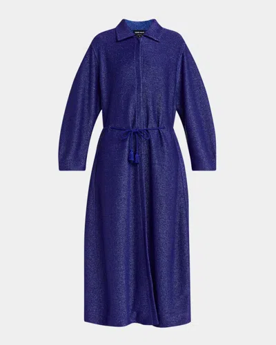 Giorgio Armani Drawstring Maxi Coat In Solid Medium Blue