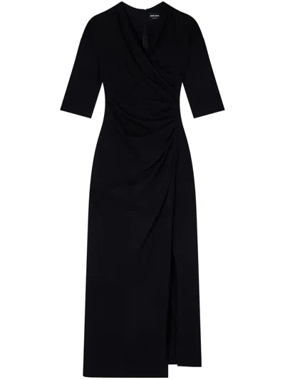 Giorgio Armani Elbow-sleeve Draped Crepe Slit Midi Dress In Black