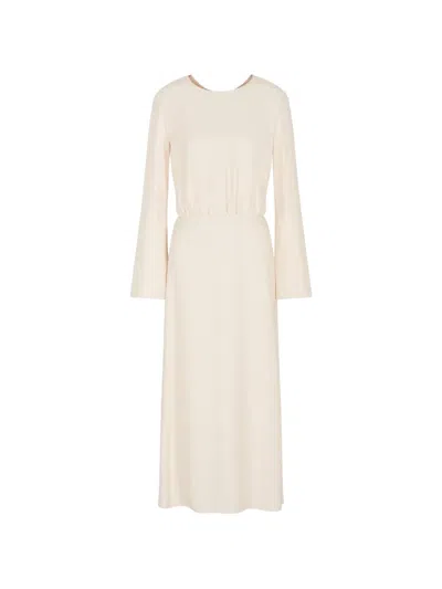 Giorgio Armani Elasticated-waist Flared-sleeve Midi Dress In Brown
