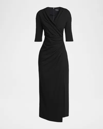 Giorgio Armani Elbow-sleeve Draped Crepe Slit Midi Dress In Black