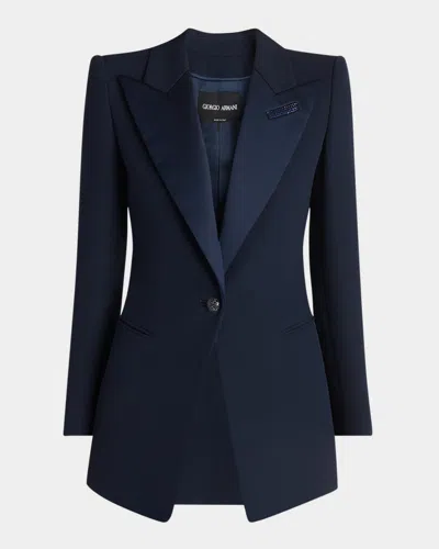 Giorgio Armani Embellished One-button Silk Long Tuxedo Jacket In Solid Blue Navy