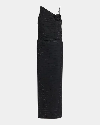 Giorgio Armani Embellished Rose One-shoulder Gown In Solid Black