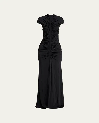 Giorgio Armani Embellished Ruched Cap-sleeve Maxi Dress In Black