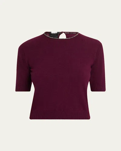 Giorgio Armani Embellished Short-sleeve Cashmere Crewneck Sweater In Burgundy