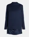 Giorgio Armani Embellished Silk Backless Oversized Tunic Blouse In Solid Blue Navy