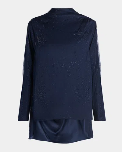 Giorgio Armani Embellished Silk Backless Oversized Tunic Blouse In Solid Blue Navy