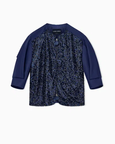Giorgio Armani Embroidered Cropped Coat In Silk Shangtung With Beaded Front In Blue