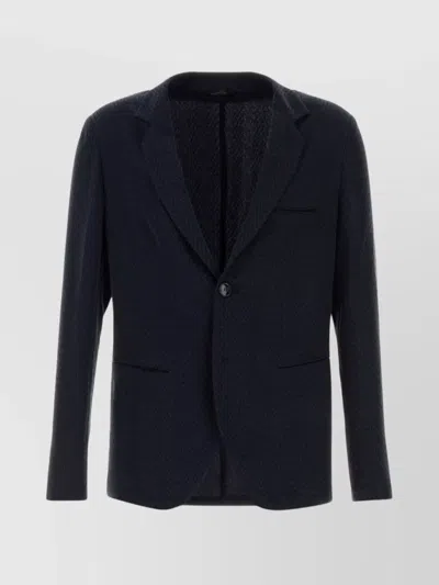 Giorgio Armani Embroidered Cupro Blend Blazer With Notched Lapel In Dark Blue