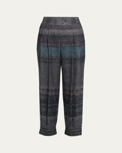 Giorgio Armani Embroidered Geo-print Wook Straight-leg Crop Trousers In Gray