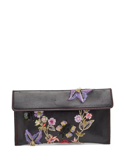 Pre-owned Giorgio Armani Embroidered Leather Clutch Bag In Black