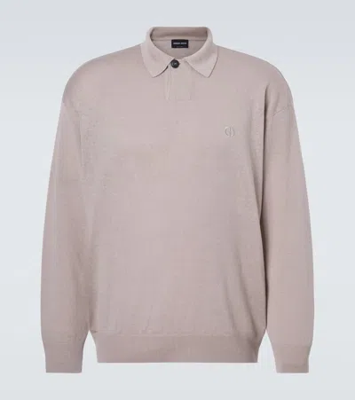 Giorgio Armani Embroidered Linen-blend Polo Sweater In Neutral