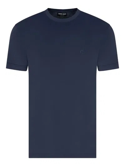 Giorgio Armani Embroidered-logo Cotton T-shirt In Blue