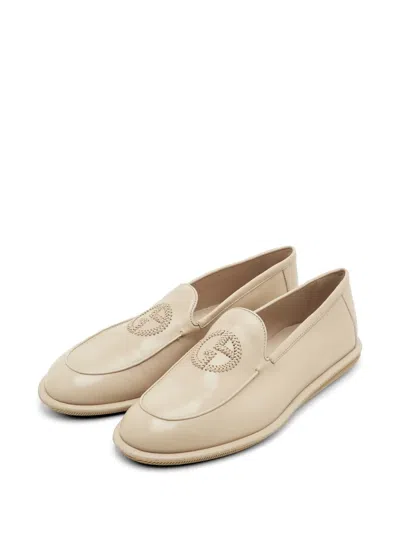 Pre-owned Giorgio Armani Embroidered Logo Leather Loafers In Neutral