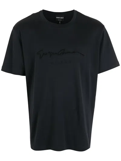 Giorgio Armani Embroidered-logo T-shirt In Blau