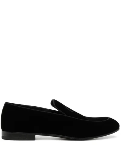 Giorgio Armani Embroidered Logo Velvet Loafers In Black
