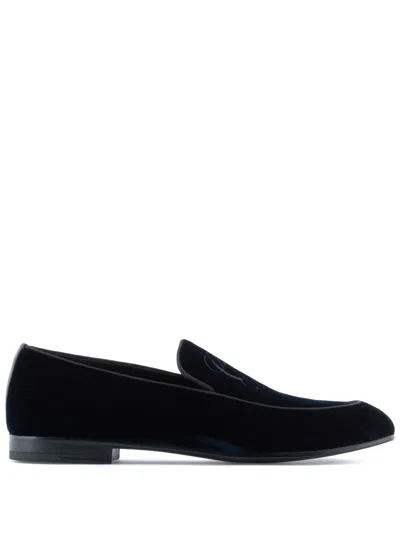 Giorgio Armani Embroidered Logo Velvet Loafers In Blue