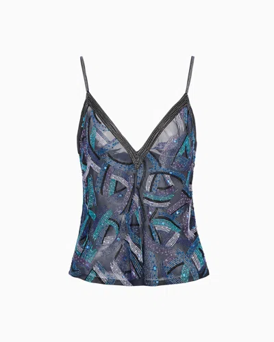 Giorgio Armani Embroidered Silk Organza V-neck Top In Pattern