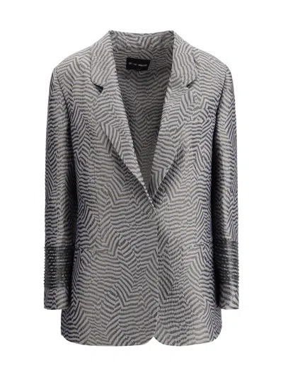 Giorgio Armani Striped Embroidered Lapel Blazer With Geometric Pattern In Multicolor