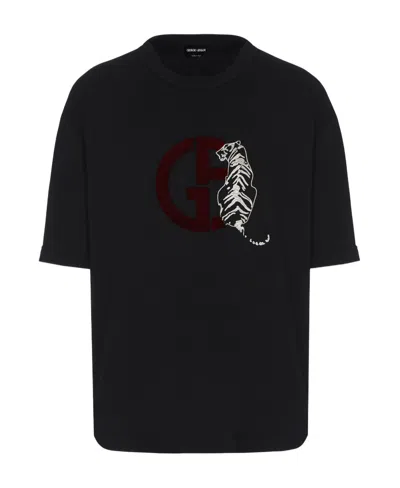 Giorgio Armani Embroidered Tiger Logo T-shirt In Black