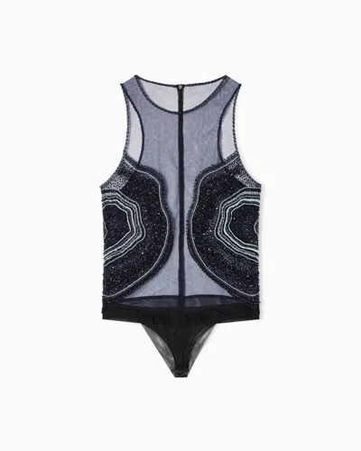 Giorgio Armani Embroidered Tulle Bodysuit In Blue
