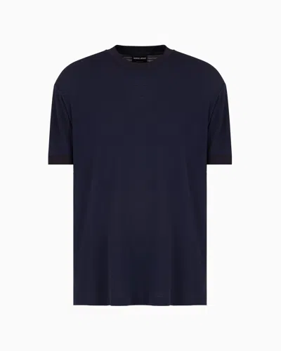 Giorgio Armani Embroidered Viscose Crew-neck T-shirt In Blue