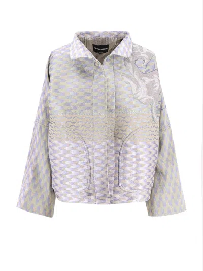 Giorgio Armani Hemp Jacket With French Collar And Multi-colored Pattern In Blue