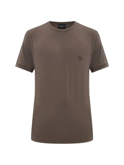 Giorgio Armani Crew-neck T-shirt In Stretch Viscose Jersey With Embroidery In Brown