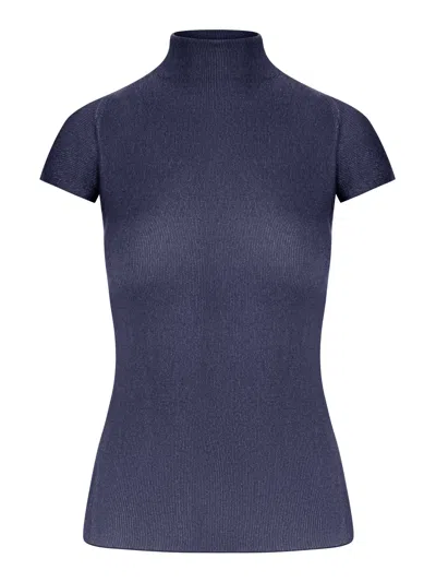 Giorgio Armani English Ribbed Viscose Turtleneck Top With Short Sleeves In Blue