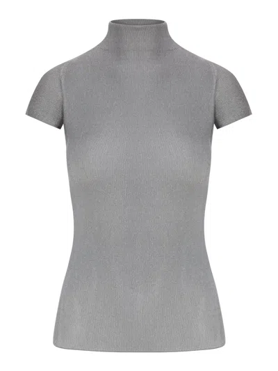 Giorgio Armani English Ribbed Viscose Turtleneck Top With Short Sleeves In Gray