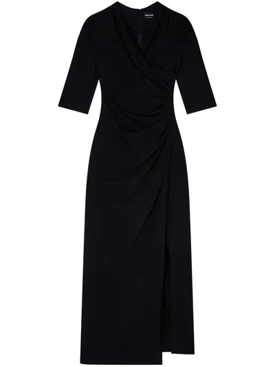 Giorgio Armani Elbow-sleeve Draped Crepe Slit Midi Dress In Black