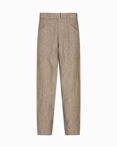 Giorgio Armani Flat-front Trousers In Pure Faded Linen Chambray In Neutral