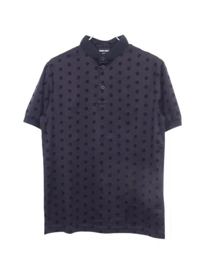 Pre-owned Giorgio Armani Flocky Logo Stand Collar Polo Shirt In Blue