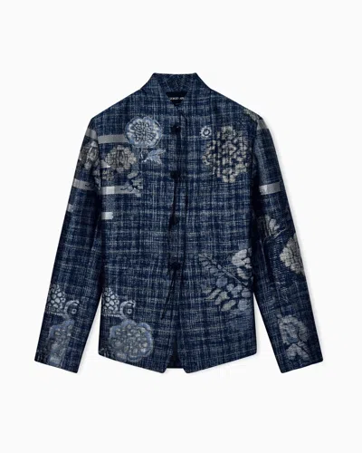 Giorgio Armani Floral Jacquard Blazer With A Guru Collar And Tassel Button In Blue