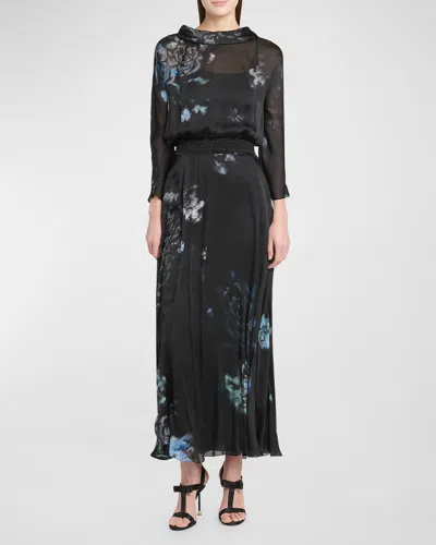 GIORGIO ARMANI FLORAL PRINT SILK GOWN WITH SMOCKED WAIST