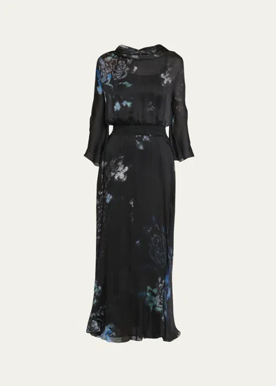 GIORGIO ARMANI FLORAL PRINT SILK GOWN WITH SMOCKED WAIST